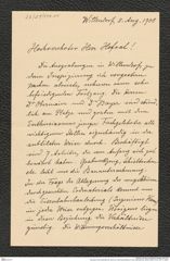 Nachlass Franz Steindachner, Brief von Josef Szombathy an Franz Steindachner (08.08.1908), Inv.Nr. 534.14, Seite 1